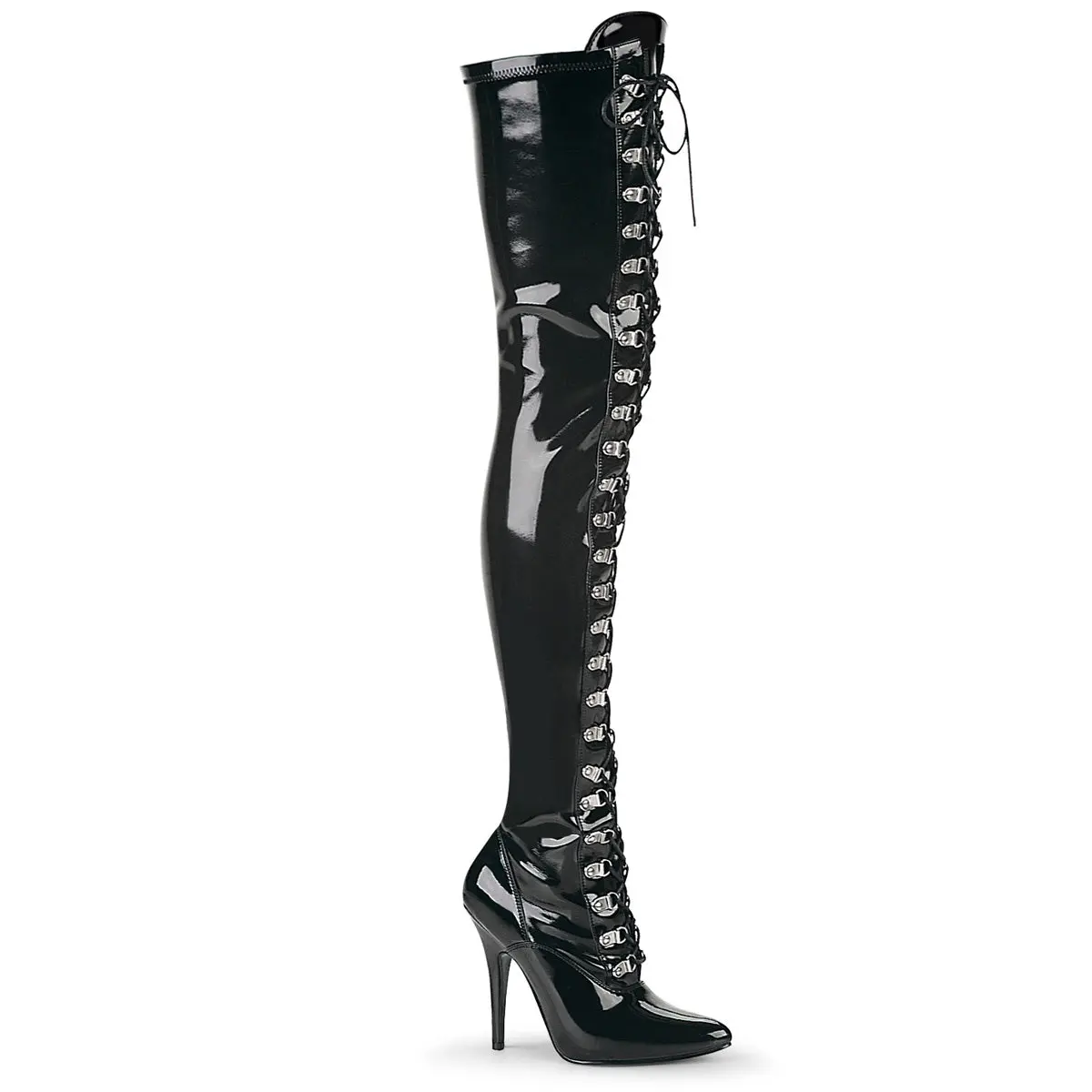 Pleaser Seduce-3024 Women's Elegant Stretch Thigh-High Boots with 5" Stiletto Heel, D-Ring Detail, and Full Side Zipper, Footwear, Over-The-Knee, 5 In, Bold Look, Dynamic Lifestyle, Fashion