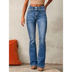 Women's Retro Stretch Bootcut Jeans - Mid-Rise, Slash Pockets, Washed Blue Denim, Comfort Fit with Button Closure