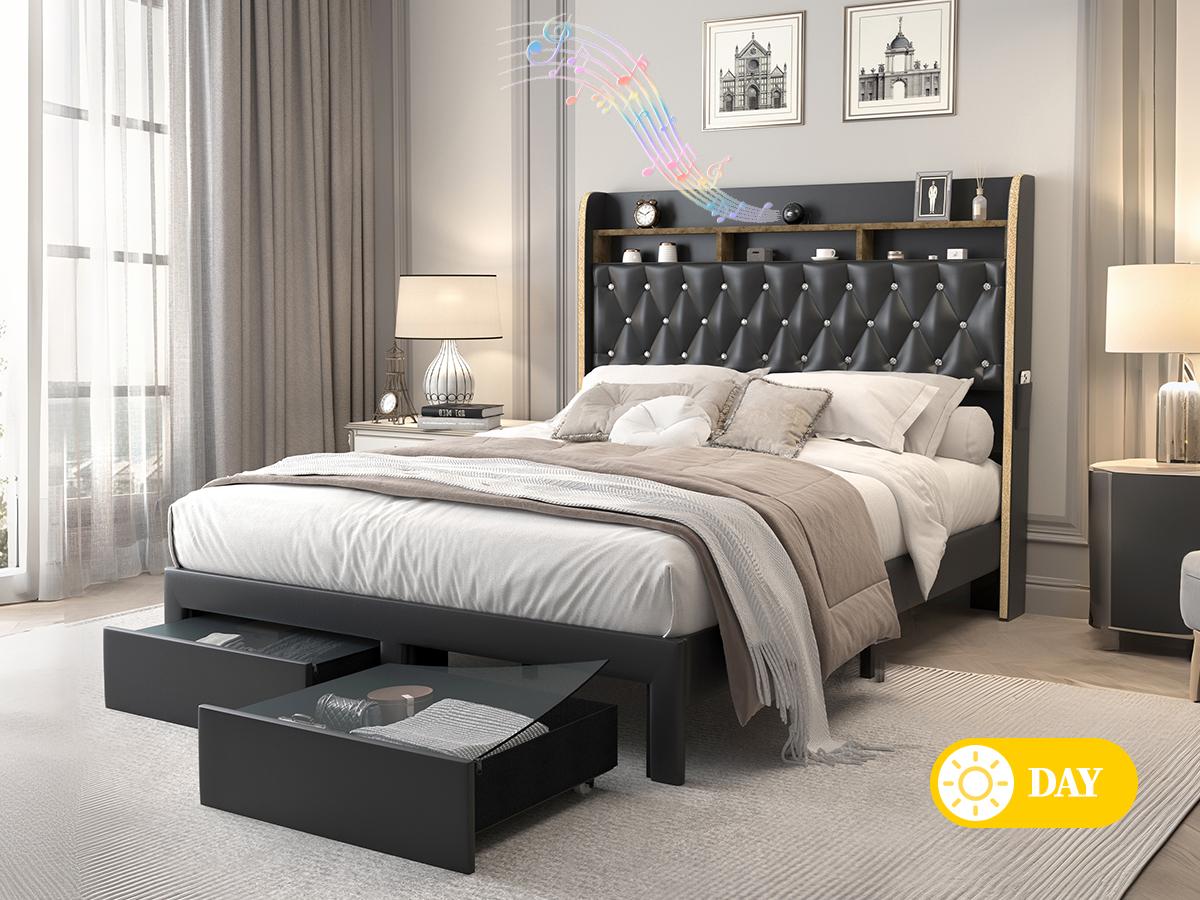 [Father's Day Gift] Queen LED Bed Frame with Galaxy Star Projector, Built-in Speaker & Charging Station, Luxury Upholstered Platform Bed with 2 Storage Drawers & 2-Tier Headboard, Noise-Free Modern Bedroom Furniture, Black