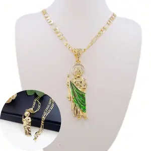 18k gold-plated Saint Jude necklace in green, Figaro style, suitable for everyday wear, as a gift, or for parties