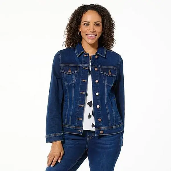 DG2 by Diane Gilman New Classic Stretch Heart-Embellished Denim Jacket
