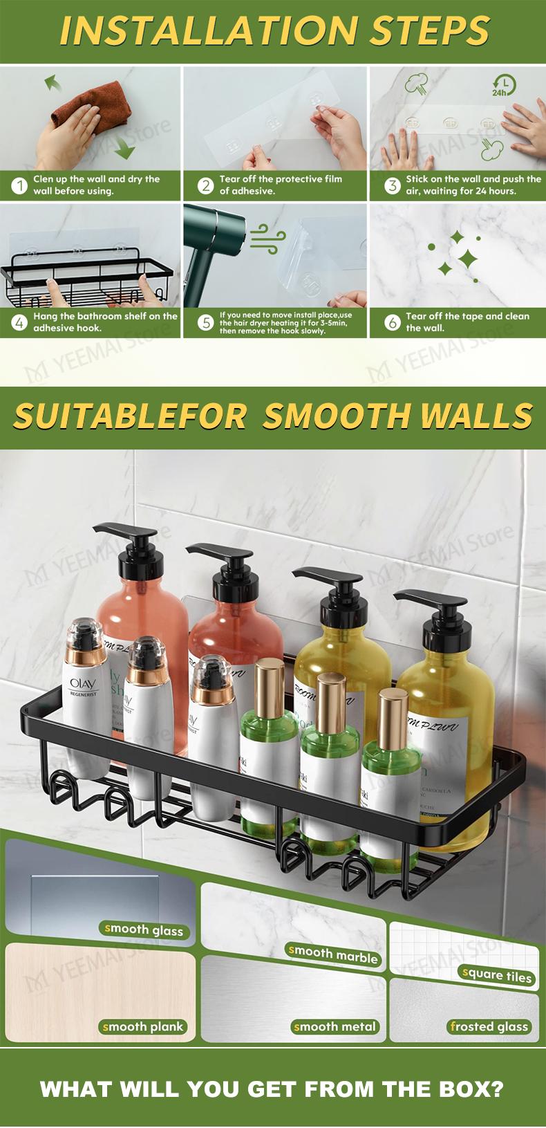 Hollow Bathroom Shelf - No-Drill Adhesive, Multi-Functional Shower Rack, Ideal for Bathroom and Kitchen, Home Farmhouse Style Wall Shower Interior Organization and Storage Decor, Bathroom Accessories