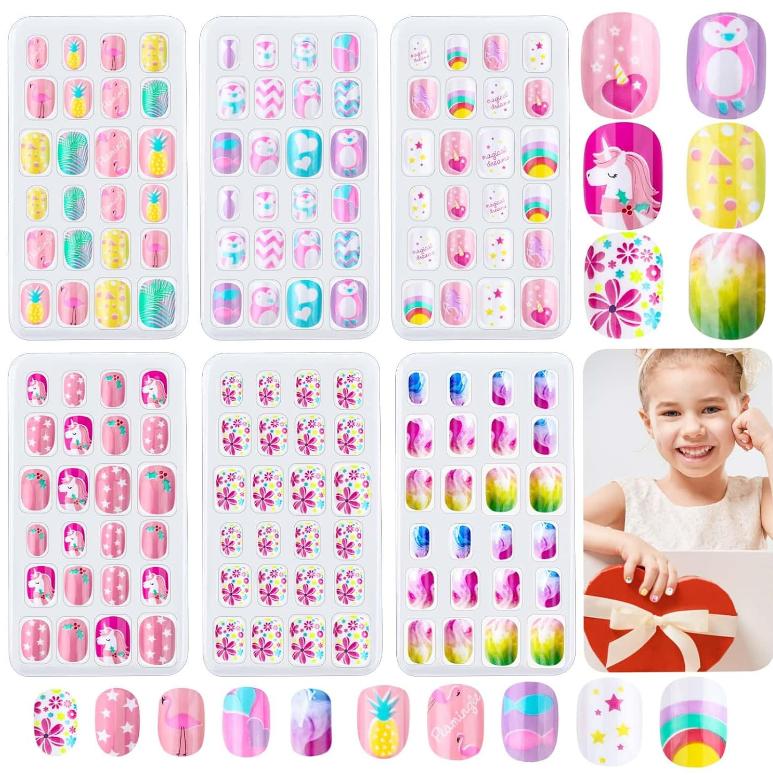 144 Pieces Press on Nails Grils, Thrilez Children Fake Artificial False Nail Tips Pre Glue Full Cover Short Acrylic Nails for Girls Kids Nail Art Decoration (Rainbow Sky)