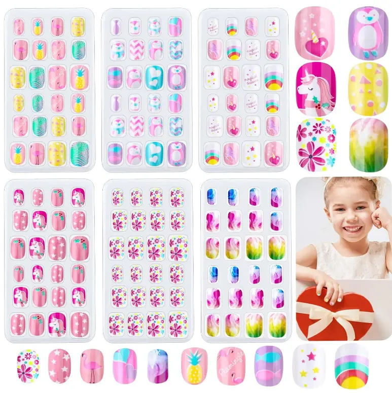 144 Pieces Press on Nails Grils, Thrilez Children Fake Artificial False Nail Tips Pre Glue Full Cover Short Acrylic Nails for Girls Kids Nail Art Decoration (Rainbow Sky)
