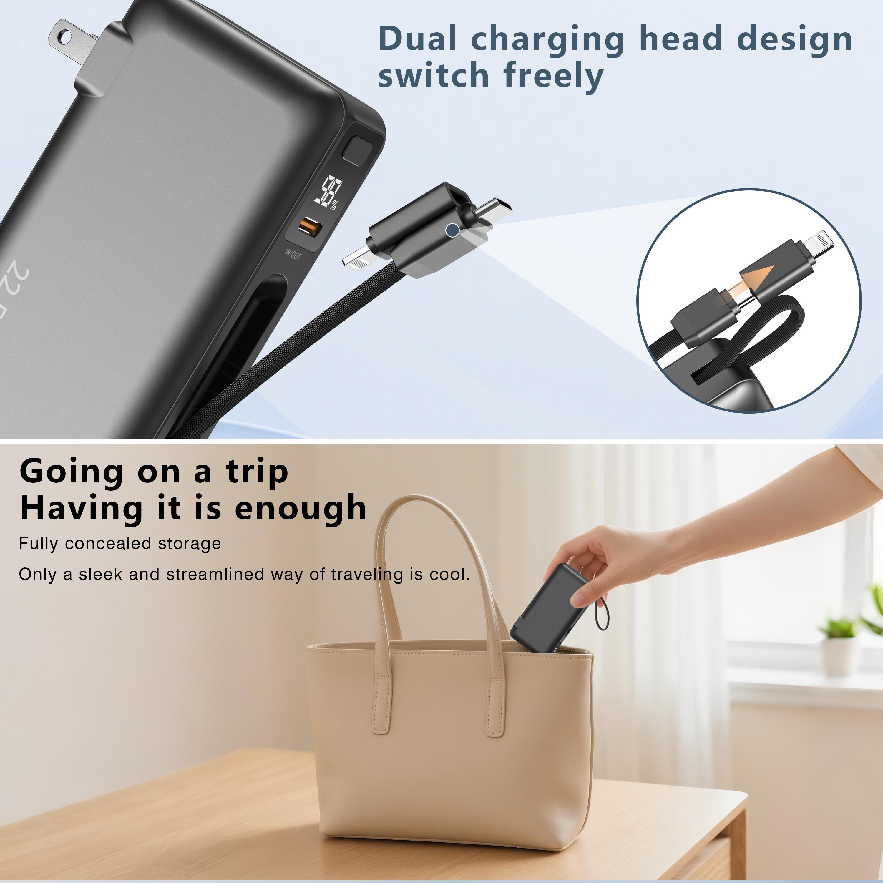 Portable Charger Power Bank with AC Wall Plug, 10000mAh Built-in Cables PD 22.5W Fast Charging with LED Display, Travel Accessories for iPhones & Smart Devices