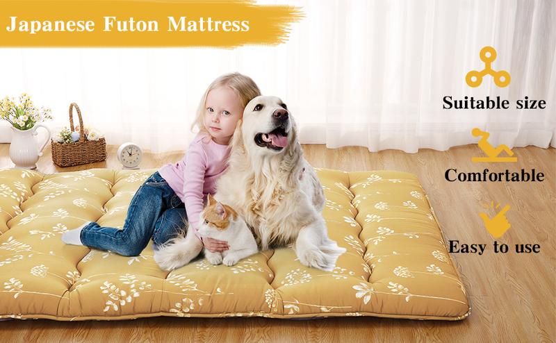 Garvee Japanese Futon Mattress, Twin Size Futon Floor Mattress Japanese Style Floral Pattern Mattress for Floor, Tatami Mat, Sleeping Mattress Pad for Camping Travel, Flowers Yellow