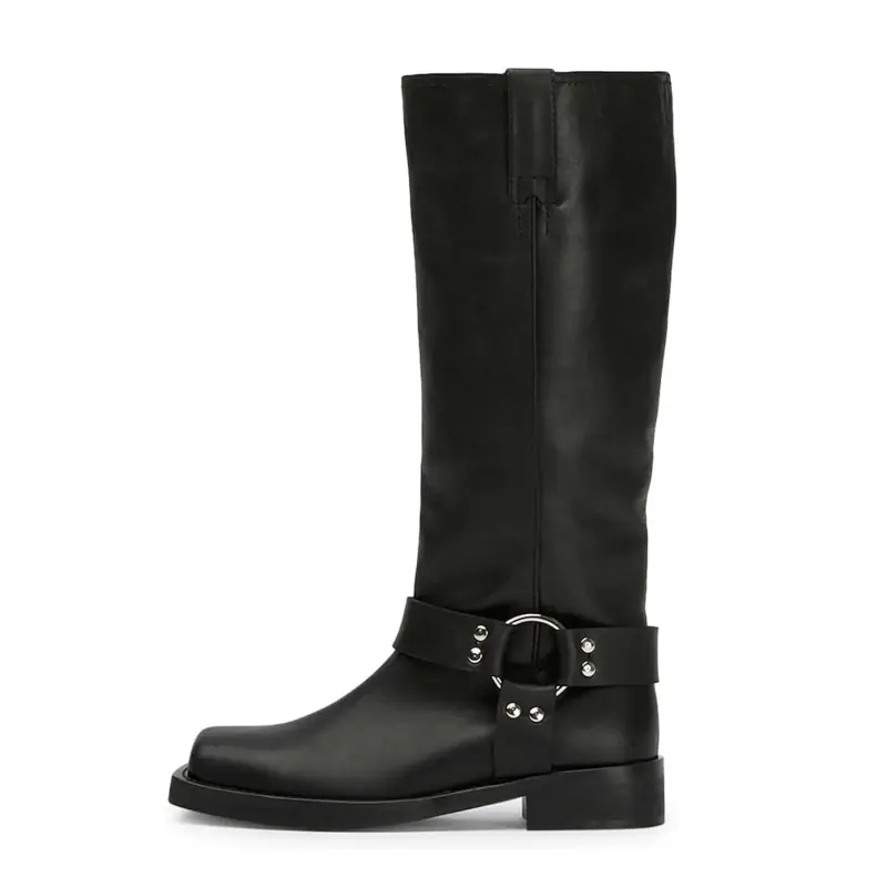 Women’s Square Toe Mid Calf Boots Flat Heel Buckle Strap Casual Fashion Boots