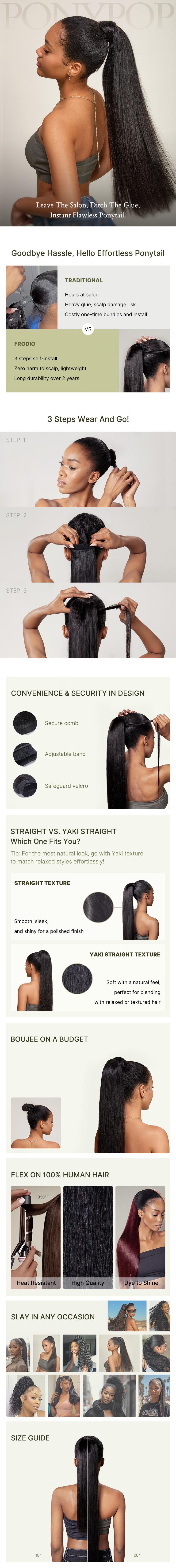 Frodio 100% Human Hair Natural Black Yaki Ponytail Hairstyle Extension Ponytail Wig Wrap Around Ponytail - Nia