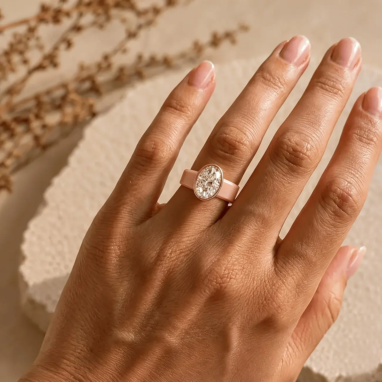 Unisex Hypoallergenic Khaki Silicone Ring, Bezel Set Oval CZ Stone, Rose Gold & Silver Accents, Comfort Stackable Casual Sport Daily Wear Costume Jewelry
