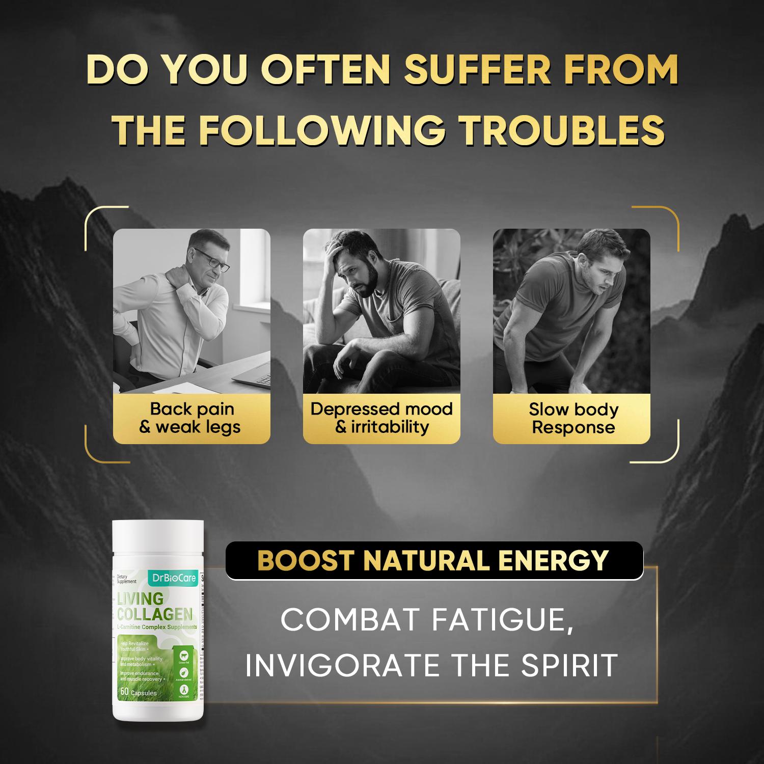DrBioCare Men’s Supplement — Boosts Strength&All Day Energy — Featuring L-Carnitine + Living Collagen — 60 Capsules