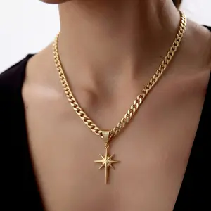 Tewiky Gold Flat Cuban Chain Eight-Point Star Pendant Necklace for Women, Trendy Y2K Statement Jewelry Gift For Valentine's Day
