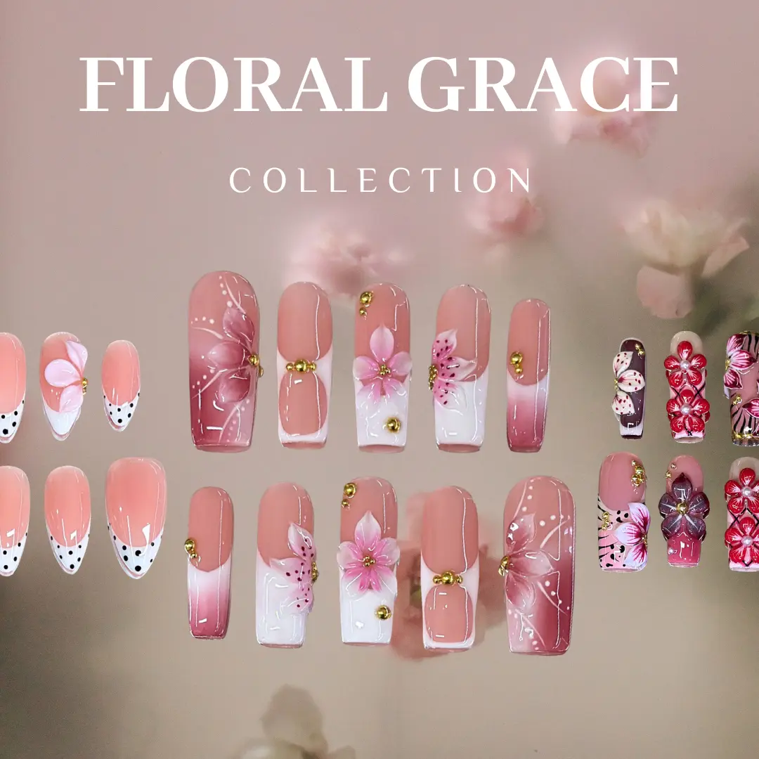 NailVesta FLORAL GRACE COLLECTION – 100% Handcrafted 3D Press-On Nails | Reusable, Long-Lasting, Salon-Quality Artificial Nails