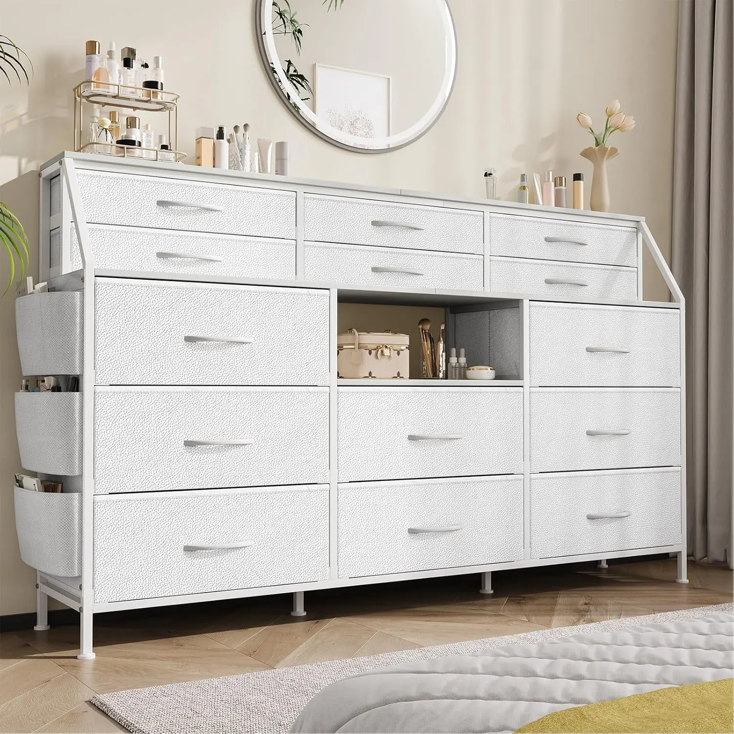 【Christmas Gift】Modern Adjustable Dresser with 14 Foldable Drawers, Wood Top TV Stand, Metal Frame, Open Shelves, Anti-Tip Safety - Room Storage, Apartment Furniture for Bedroom, Living Room (Fits 55-Inch TV, White),dorm essentials,home decor