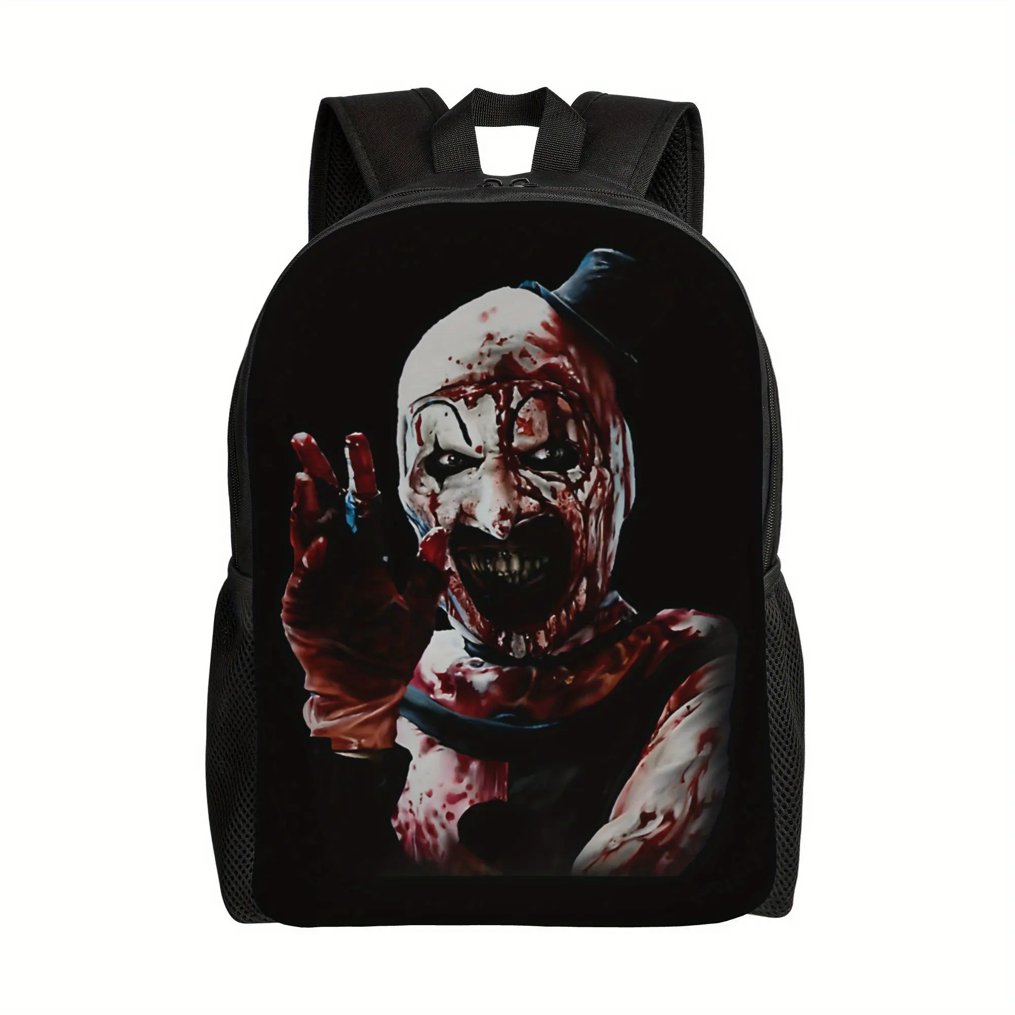 1pc Terrifier Movie Horror Backpack - Clown terror design, Heavy Bleed, Laptop Bag for School, Travel, Halloween - Machine Washable Zipper Closure - Terrifier Movie Fan Gift for Adults & Teens, Daily Essentials, Bold Print, Sturdy Construction, Statement