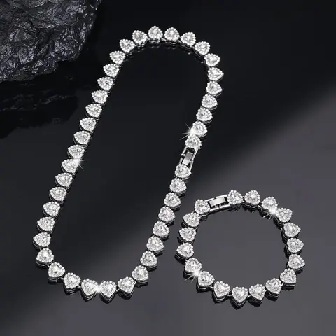 2pcs Set Heart Shaped Cuban Chain Necklace Set for &,Hip Hop Style Choker Set,Luxurious Jewelry Set for Valentine's Day Gifts, Birthday,Everyday & Party Wear, for Teenager