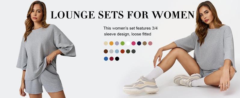 Imily Bela Womens 2 Piece Outfits 3/4 Sleeve Tops and Elastic Waist Shorts Lounge Sets Loungewear