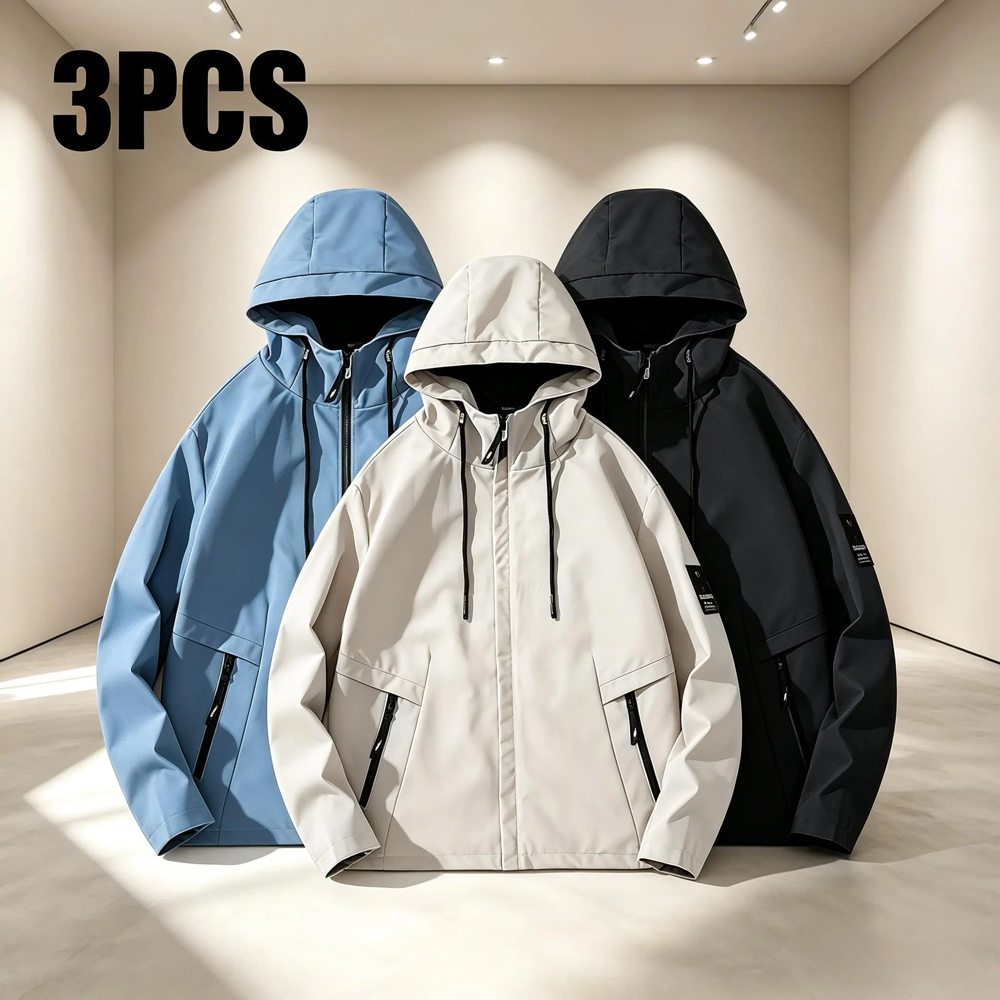 1/3PCS Unisex Hooded Windbreaker Jacket, Loose Casual Zip Up Outerwear, Lightweight Water Resistant Hooded Coat, Daily Outdoor Functional Jacket with Zip Pockets