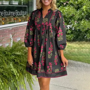 MULLVEIG Women's Floral V Neck Babydoll Dress Easter Cute Casual Summer Mini Dress with Bracelet Sleeve & Piping Trim