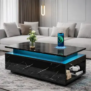 Wovenbyrd 47.2" LED Smart Coffee Table with Wireless Charging & Bluetooth Speaker, High-Gloss Marble Modern Coffee Table with Storage for Living Room, Black