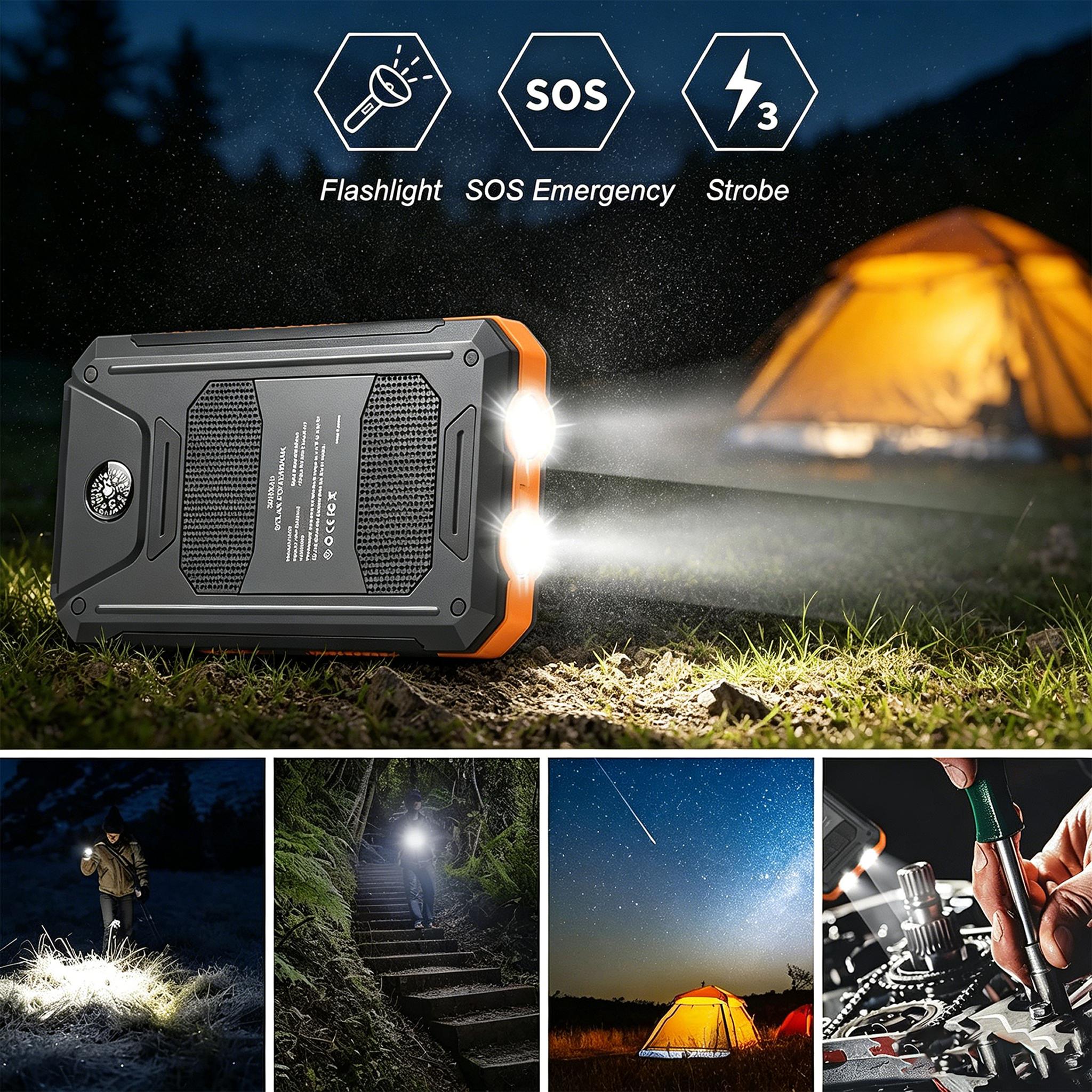 20000mAh Portable Solar Charger Emergency Power Bank (Phone Accessories, EDC Gear, Everyday Carry) - Dual USB-A Output, LED Flashlight, Waterproof Outdoor Design with Compass, Clip, Carabiner, Battery Anxiety Solutions (TikTok Shop Back to School),sohochi