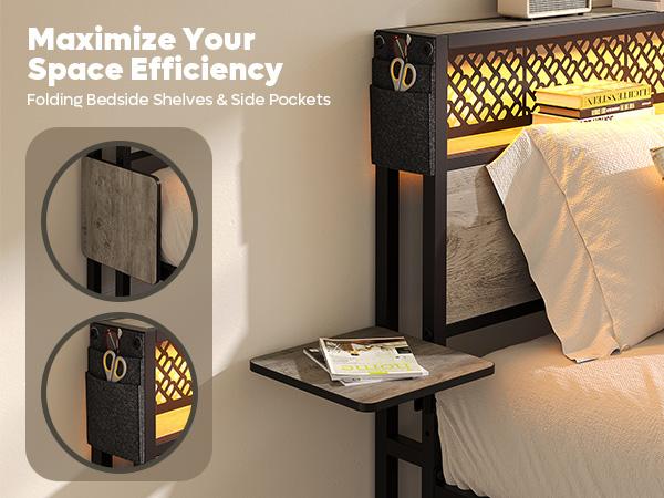 Bestier - Bed Frame with Headboard Foldable Shelves LED Lighting Charging Station Non-Slip Metal
