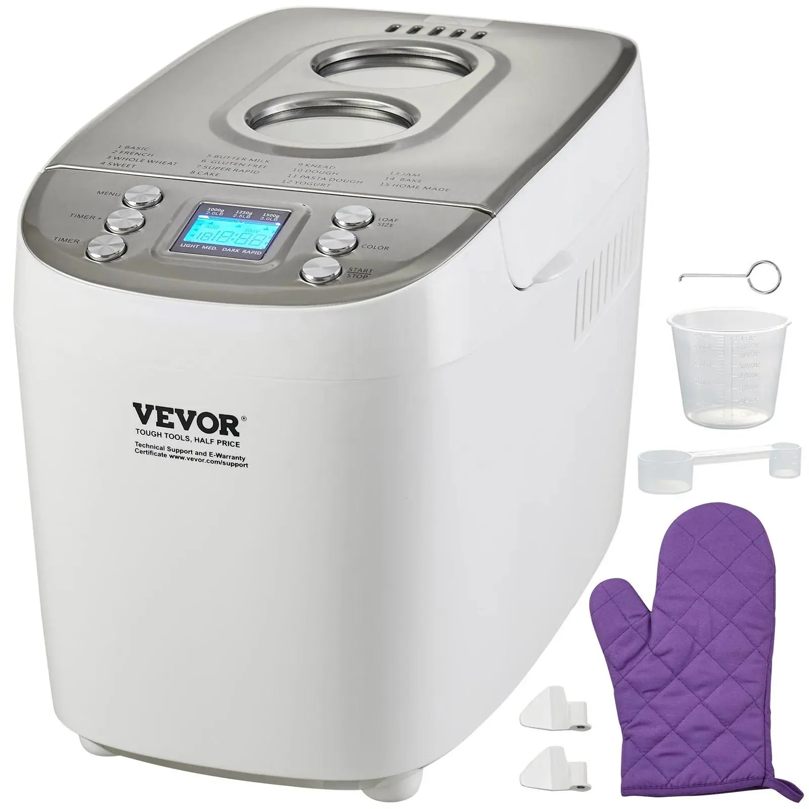 【Summerfinds】VEVOR Bread Maker,  15-in-1 3LB Dough Machine, Nonstick Ceramic Pan Automatic Breadmaker with Gluten Free Setting, Whole Wheat Bread Making, Digital, Programmable, 3 Loaf Sizes, 3 Crust Colors, White