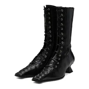 Womens Retro 70s Witch Boots Mid Calf Kitten Heel Square Toe Granny Booties Costume Shoes with Zipper Faux Leather Black Wide Calf Fall Western