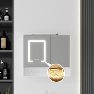 32-Inch Modern Wall Mount LED Ring Light Up Bathroom Mirror Cabinet, Anti-Fog Dimmable Touch Control, Open Recessed Storage Nook, Soft Close Double Doors, Moisture Resistant Solid Plywood Medicine Vanity for Shower, Powder Room, Wall Mirror