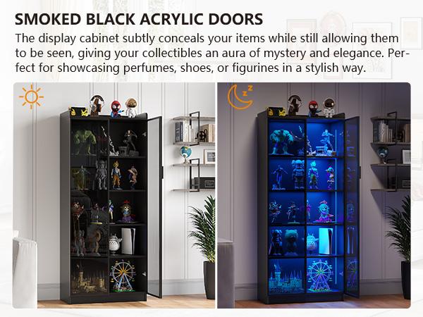 Miu Display Cabinet with Adjustable Shelves, 65" Tall Bookcase with LED Lights/Human Sensor, 5 Tier Display Case for Collectibles Bedroom Living Room Office, Black - Transparent Acrylic Doors Freestanding Kitchen Cupboard Modern Storage Dresser