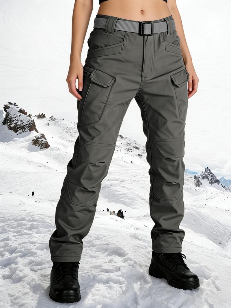 HOMUG Women's Windproof & Thermal Outdoor Tactical Pants - Fleece Lined, Solid Color, Mid Waist, 320g Knitted Fabric (Beltless, Multi-pocket, Regular Fit) | Autumn Winter Casual Sports Pants