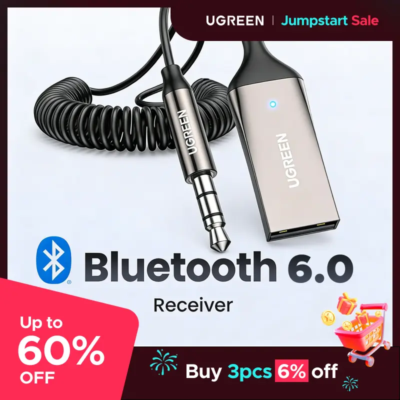 UGREEN Aux to Bluetooth 6.0 Adapter Wireless Receiver for Car Hands-Free with Built-in Microphone AUX 3.5mm Stereo Audio - Dealsforyourdays Auxiliary Cord Grey,TikTokShopBlackFriday,TikTokShopCyberMonday,TikTokShopJumpstartSale