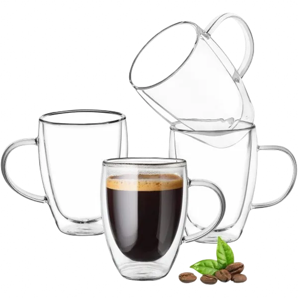 Double Wall Glass Mug - 12oz Coffee/Tea and Hot/Cold Drinkware- 4 Piece Beverage Set Tumbler Cup Washable Reusable