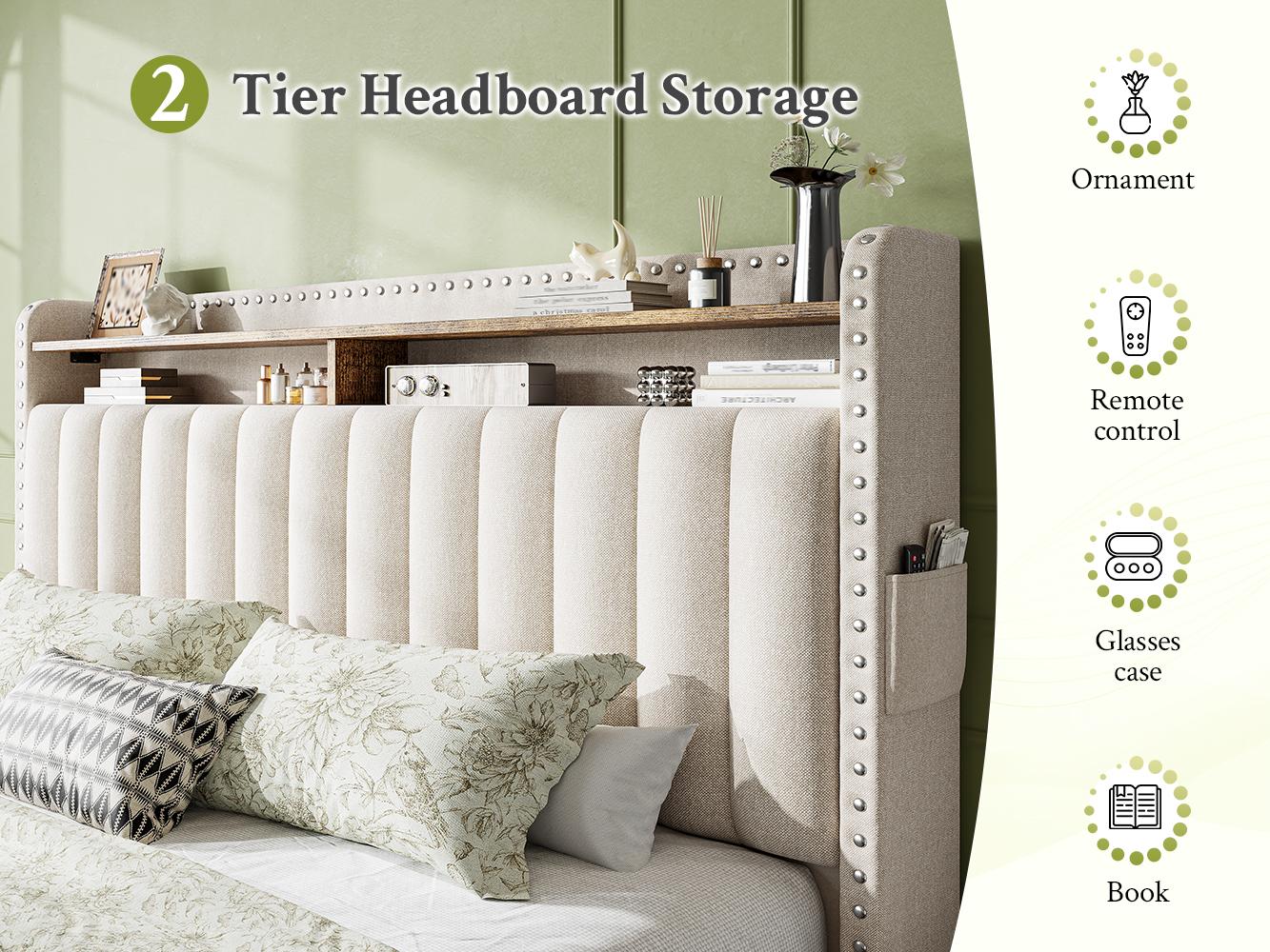 RaybeeFurniture Bed frame Queen Size, NO MATTRESS, King Bed Frame with Headboard&Storage, 2 Drawers, Upholstered Bed Frame with Storage and Headboard, NO Noise,No Box Spring Needed