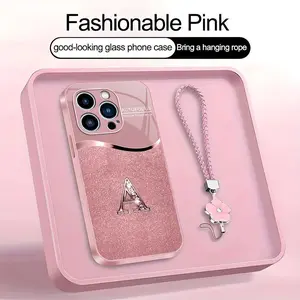 Luxury Pink Phone Case with Lanyard Initial Letter A-Z Cover for iPhone 13 Pro --975