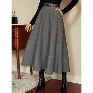 Autumn Winter Elegant Formal Long Skirt with Belt, Fitted Woven Fabric, Plain Pattern, Perfect for Daily Commuting Women's Skirt
