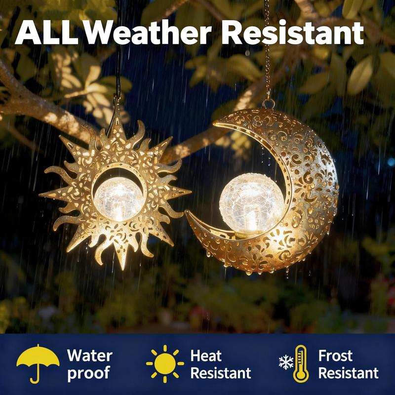 BougeRV  Solar Hanging Sun & Moon Lights Set for Outside, Metal Lanterns Pierced Carving Soothing Lamp, Large Decorations for Yard Garden Patio Proch Tree Wall, Christmas Gifts for Women Mom