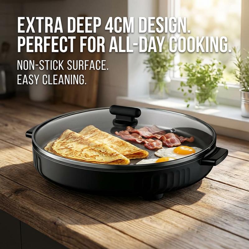 Multi-Functional Electric Skillet & Grill 4cm Extra Deep Non-Stick Surface Easy to Clean Perfect for Breakfast Pancakes Eggs Daily Cooking