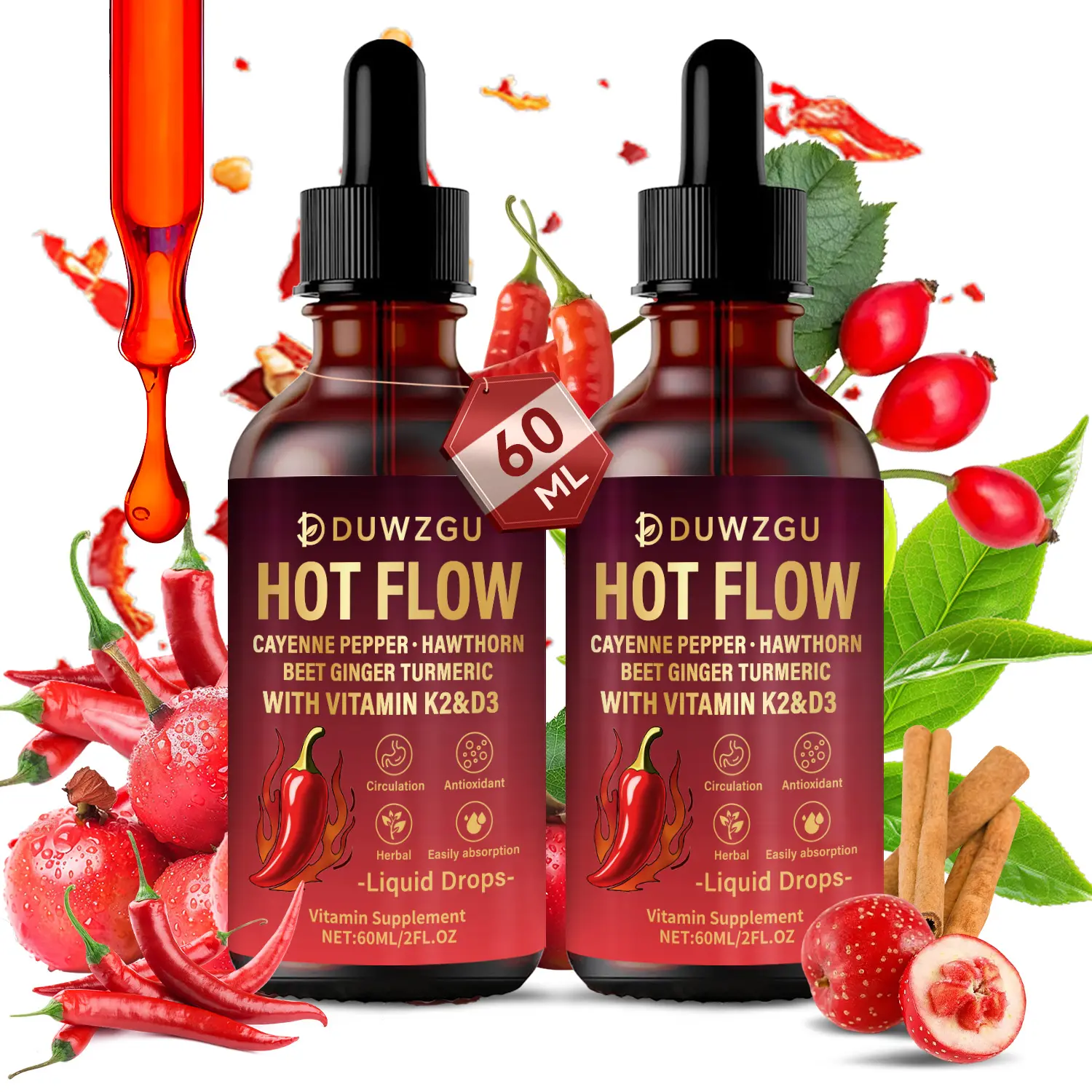 Cayenne Pepper Supplement Liquid Drops + Hawthorn, Beet Root & Turmeric, Vitamin D3 K2, 15-in-1 Optimum Dietary Supplement