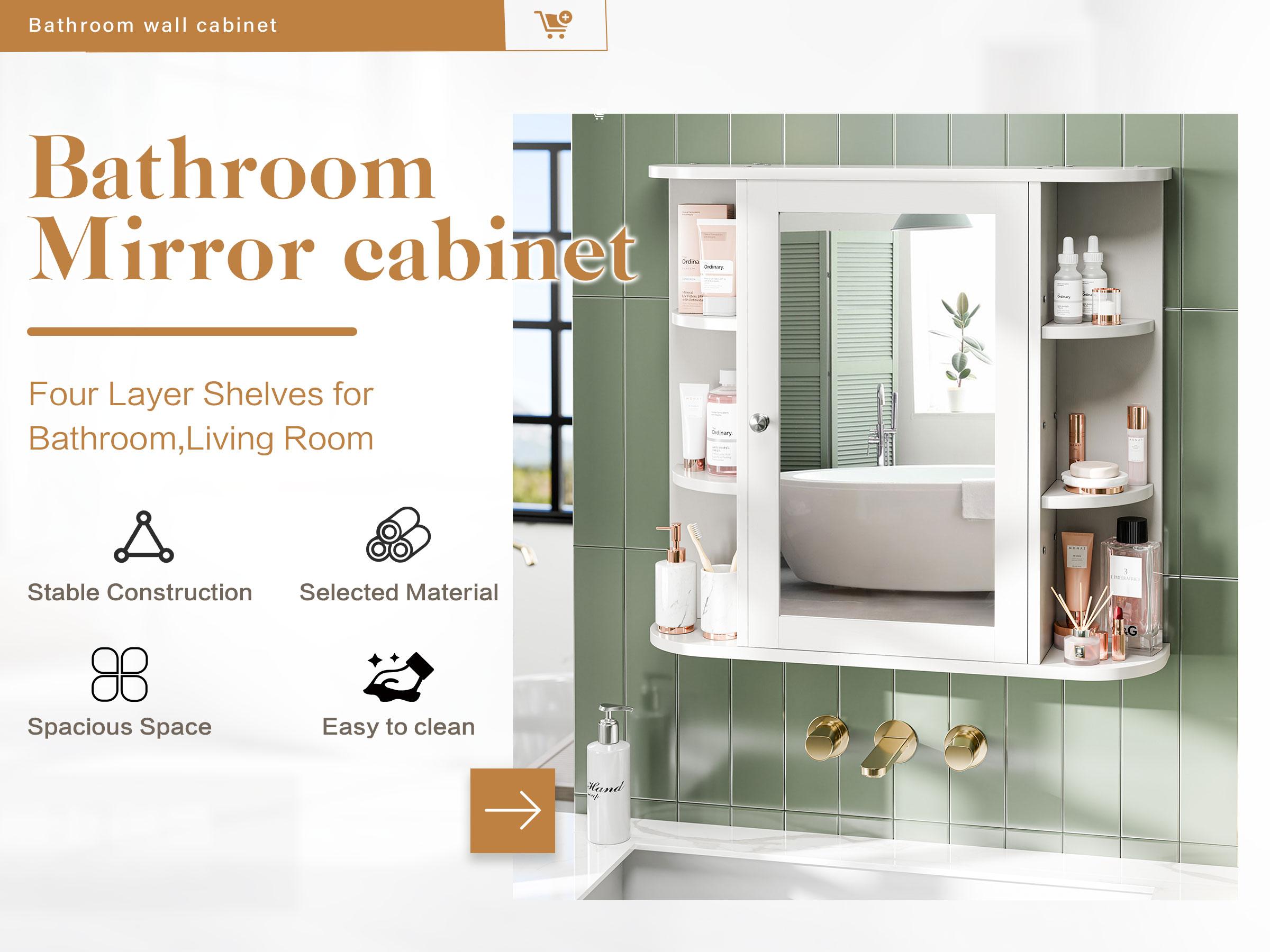 Walsunny Bathroom Medicine Cabinet with Mirror, Wall Mounted Storage Cabinet, Mirror Door & 6 Open Adjustable Shelves, Bathroom Wall Organizer, White