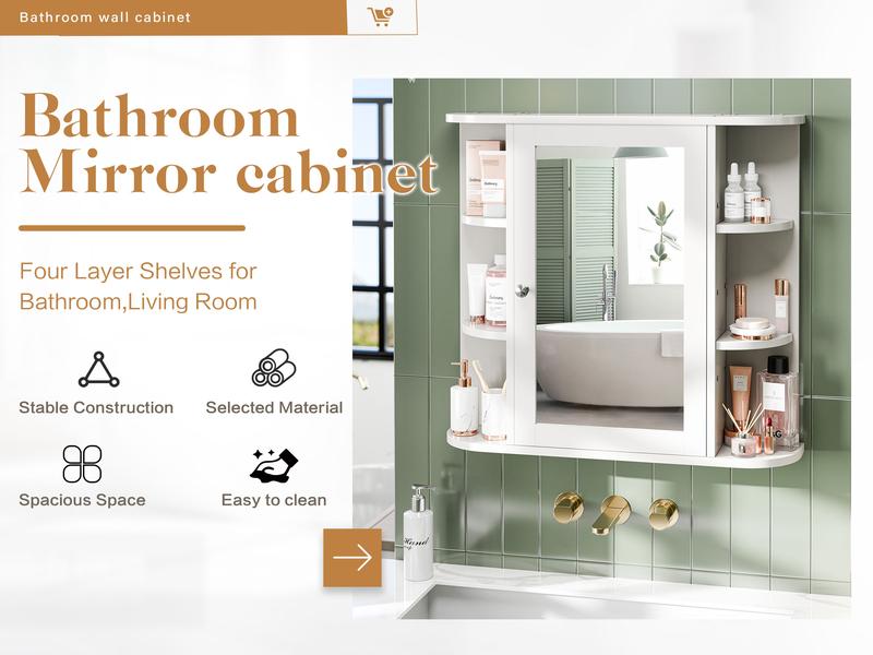 Walsunny Bathroom Medicine Cabinet with Mirror, Wall Mounted Storage Cabinet, Mirror Door & 6 Open Adjustable Shelves, Bathroom Wall Organizer, White