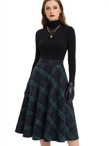 IDEALSANXUN Womens Plaid Wool Skirts Elastic Waist A-Line Pleated Tartan Long Skirts