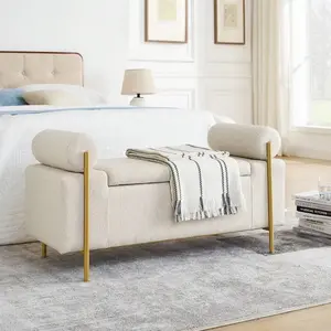 WellMall Linen Upholstered Bed End Storage Bench,Bedroom End of Bed Storage Bench with 2 Cylider Pillow Arms,44' Long Storage Ottoman Bench with Golden Metal Legs for Living Room Entryway and Window