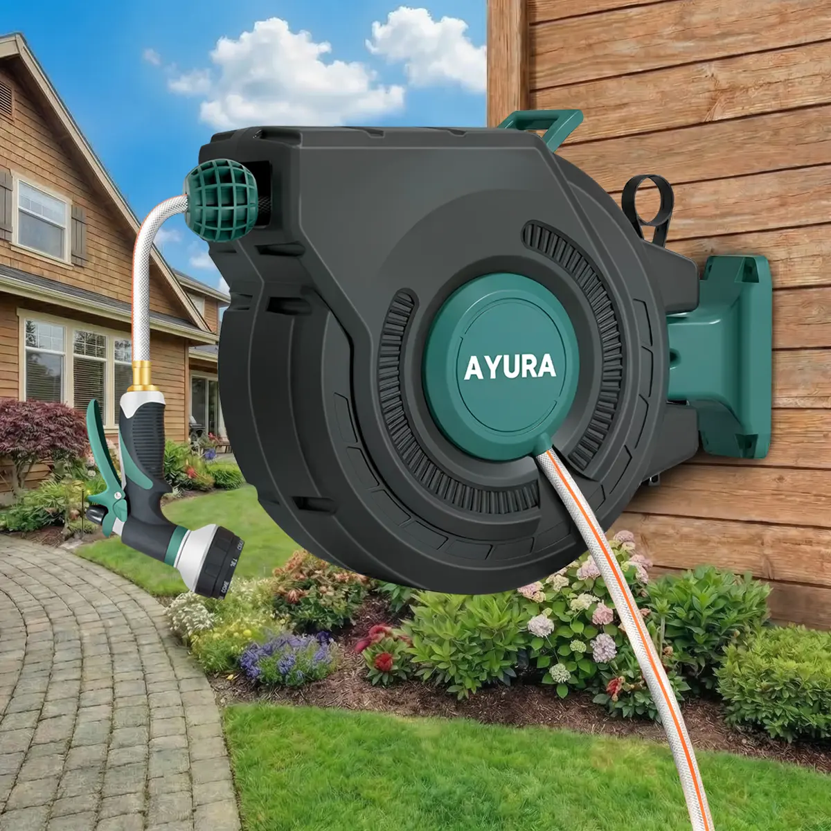 Wall-Mounted Heavy Duty Automatic Rewind Retractable Garden Hose Reel, 180° Swivel with Wide Coverage, Any-Length Lock, 8-Pattern Nozzle, Slow Return System for Watering Systems, Garden Sprinklers, Center Spray, Cleaning, Retraction