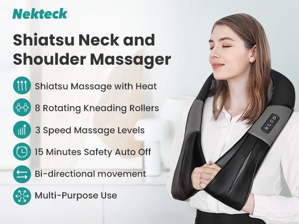 Nekteck Shiatsu Neck & Back Massager with Soothing Heat Electric Deep Tissue 3D Kneading Massage Pillow for Shoulder Leg Body Muscle Pain Relief 8 Soft Springy Massage Heads with Built-in Heating Function