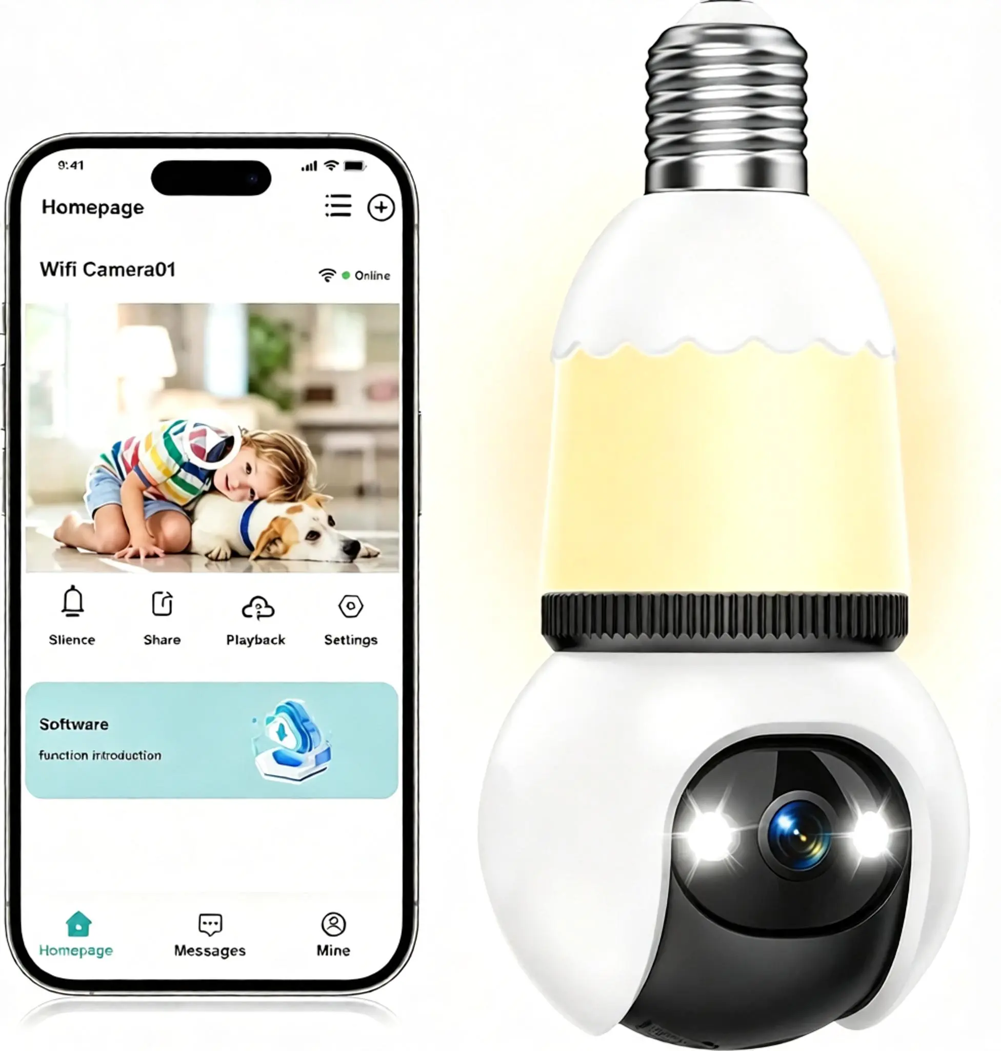 2K 3MP 2-in-1 Bulb Security Camera, WiFi 6 Dual Band, 360° Panoramic View, AI Human Pet Baby Cry Fire Detection, Light Control, Full Color Night Vision, 2-Way Talk, Free Yoosee APP