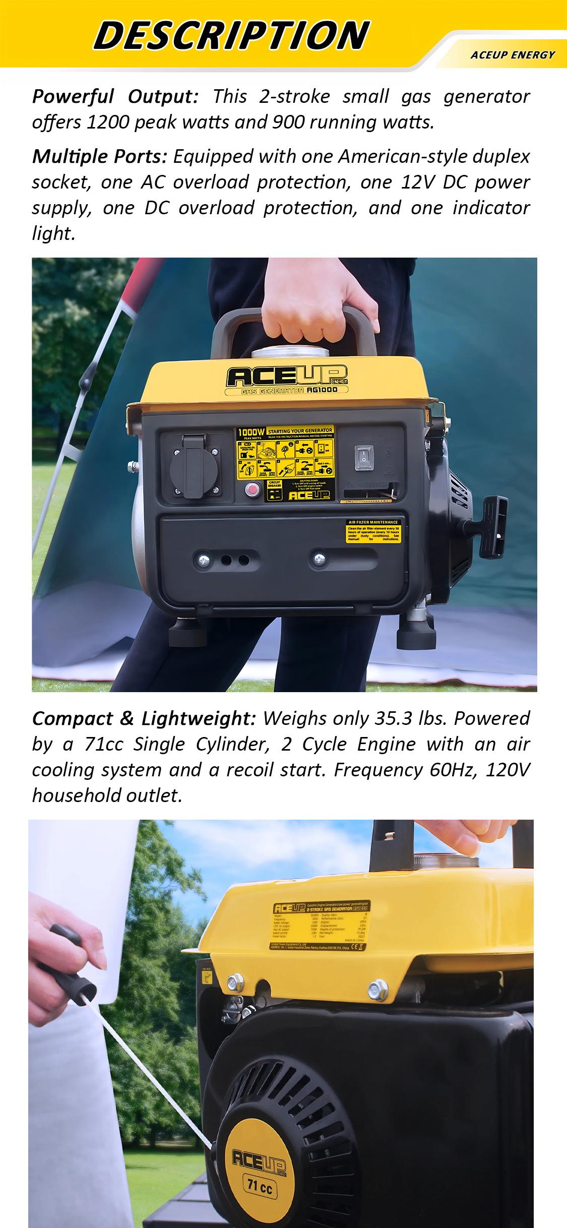 Aceup Energy 1200W 2-Stroke Portable Gas Generator AG1200 Small Ultralight Camping EPA & CARB Compliant