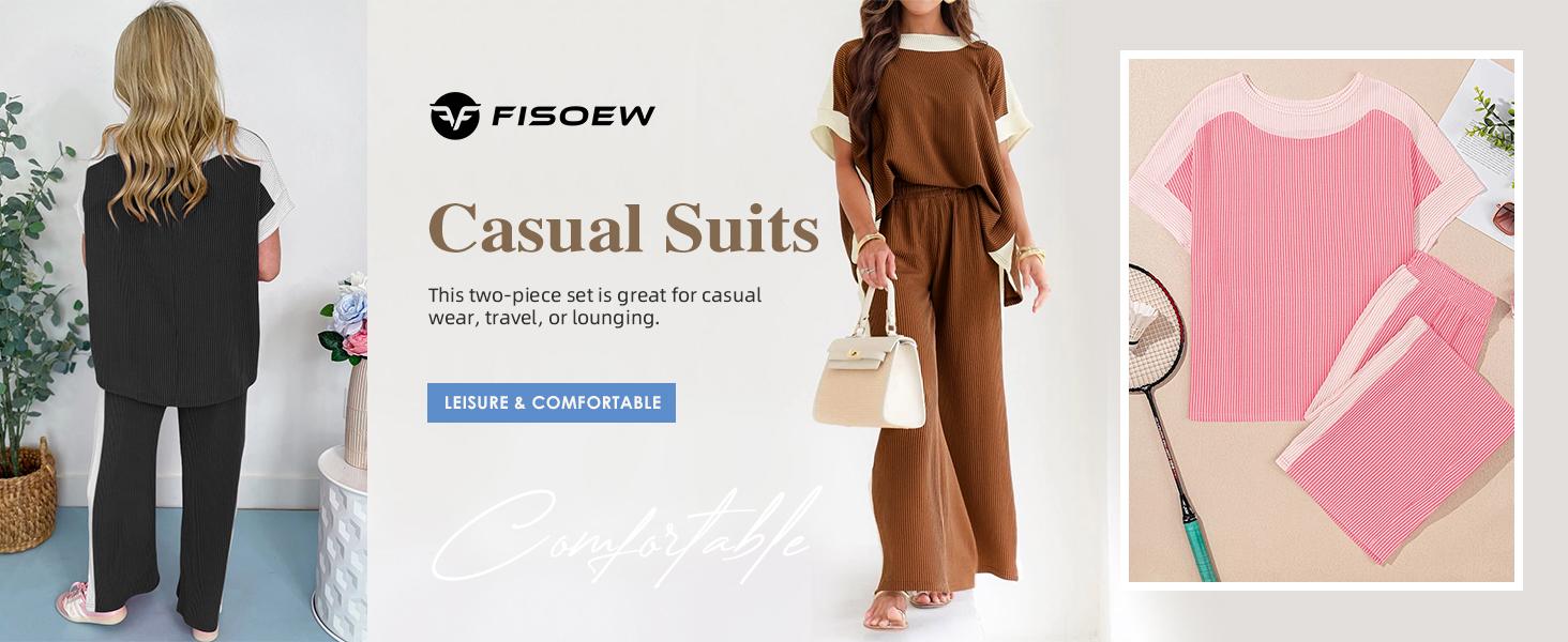 Fisoew Women’s Ribbed Two Piece Outfit Color Block Short Sleeve Top & Wide Leg Pants Set with Pockets SpringStatements