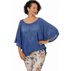 Bianca Angel Sleeve Dolman Heart Rhinestones Top - Denim Blue