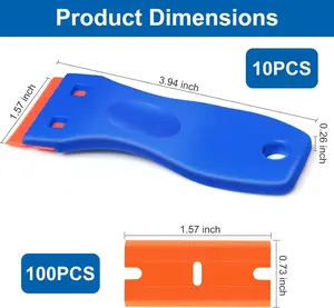10 Pack Plastic Razor Scraper with 100 Plastic Blades, Cleaning Scraper Tool for Sticker, Decal, Label Removal on Car Windows, Glass, Floor & Stove