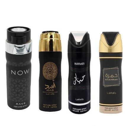 Lattafa Men's Fragrance Multi-Pack, 4-Piece Body Spray Bundle Set (200 ml Each) - Fakhar, Asad, Khamrah, Hayaati Scents - Variety Option for Gifts for Boyfriends, Male Gifts